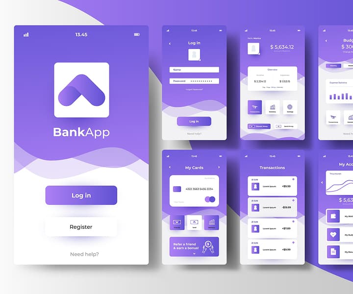 A UI/UX design showcase for a banking mobile application called BankApp, featuring purple and white color schemes with screens for logging in, card management, and transaction history.