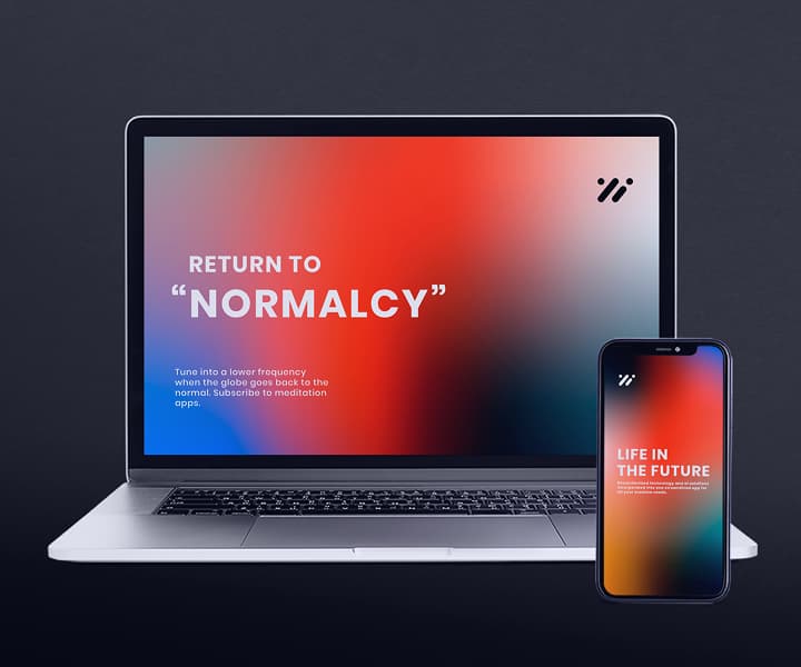 A laptop and a smartphone side-by-side, both displaying a vibrant red, blue, and orange gradient background with the text Return to Normalcy and Life in the Future.