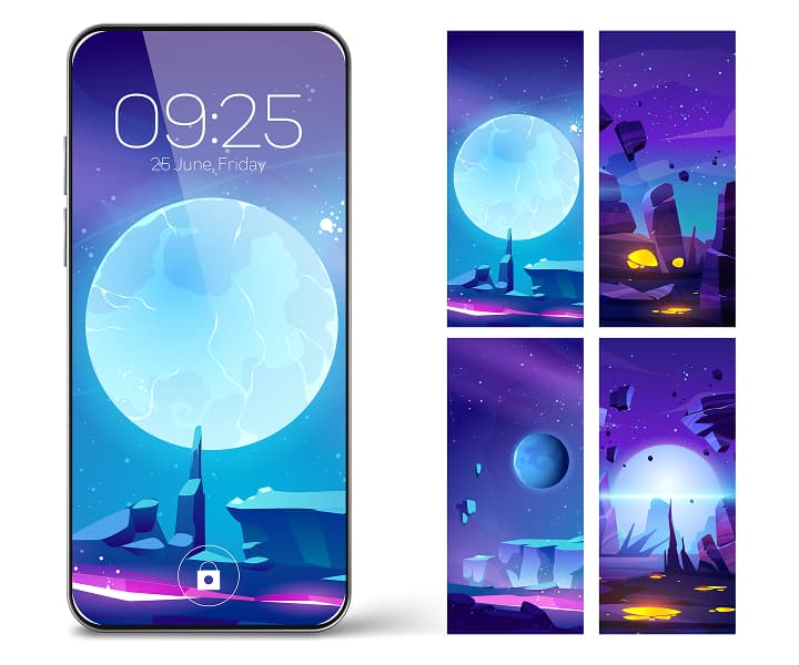 A smartphone mockup and four vertical wallpaper designs featuring a stylized, blue-toned space landscape with a large moon and rocky terrain.